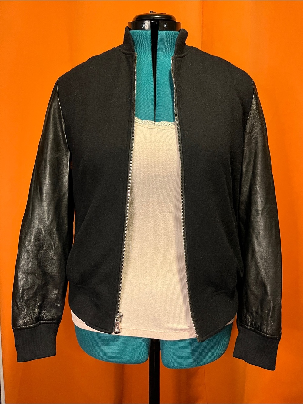 Ralph Lauren bomber jacket with the softest lamb skin sleeves.
